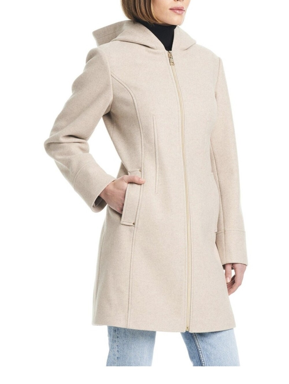 Trending Vince Camuto hooded faux wool women's zip Jacket Mid length Tan